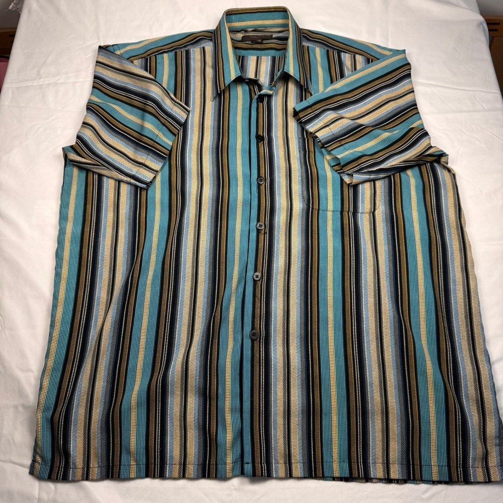 Berkam Mens XL Vertical Stripe Short Sleeve Button Up Shirt Turquoise Tan Black